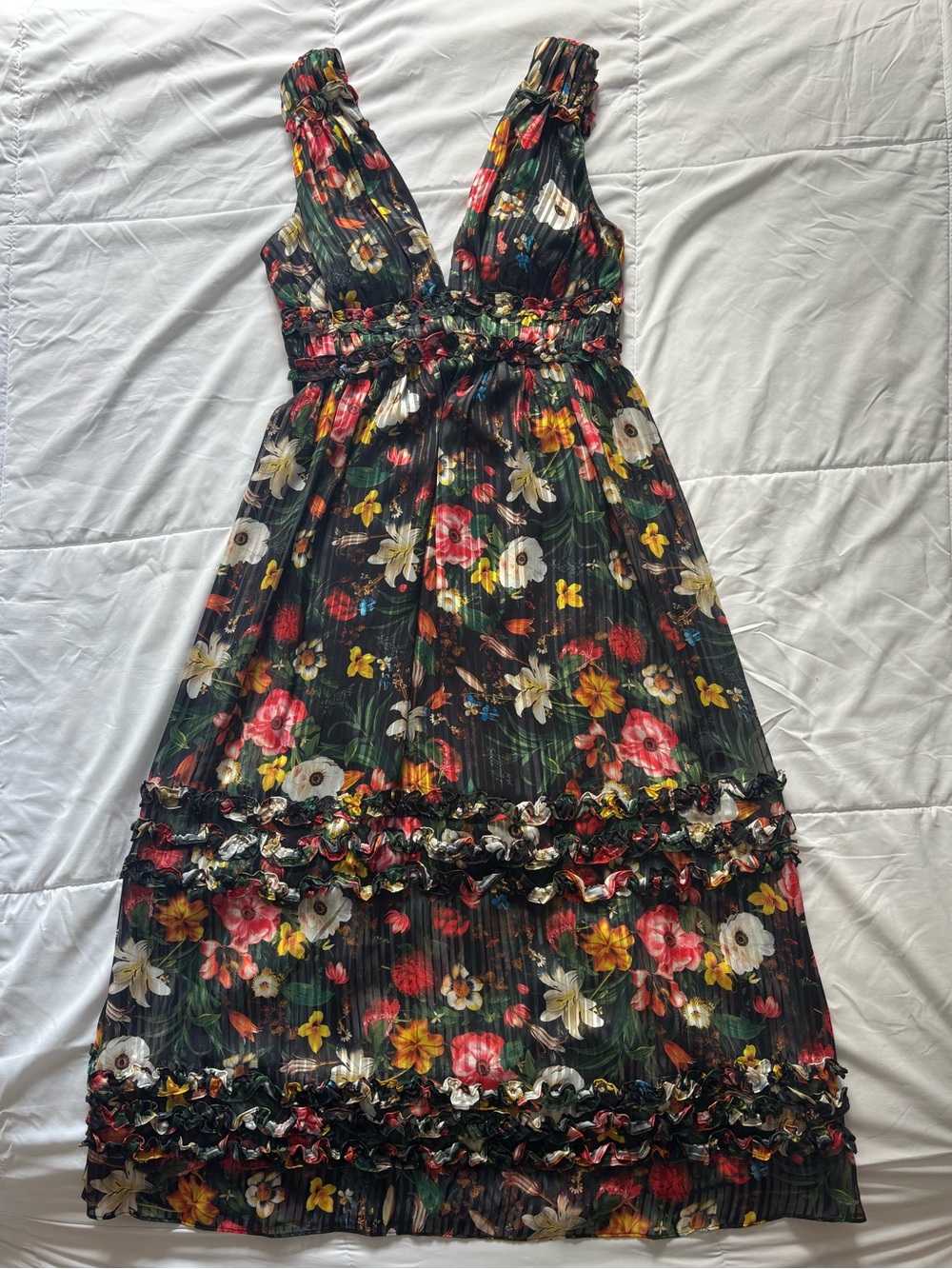 Floral V-Neck Black Midi Dress with Ruffle Tiers